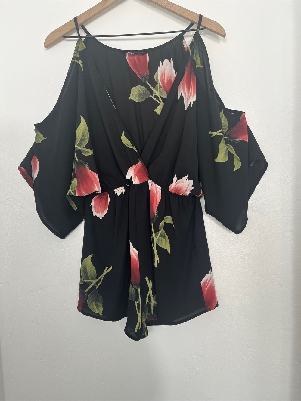 Audrey 3+1 Black Floral Cold-Shoulder Romper